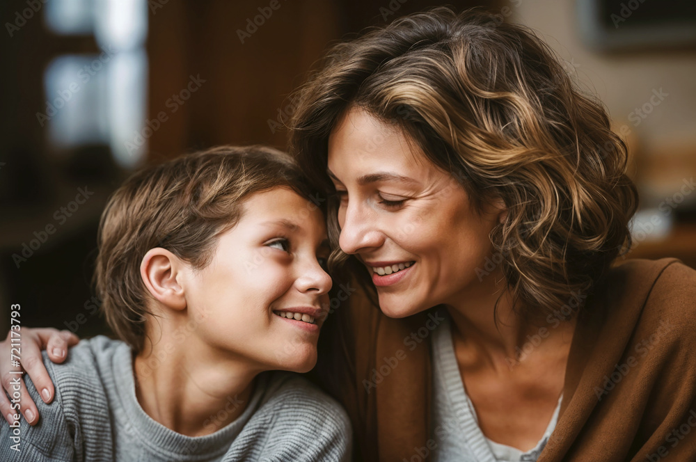 A tender moment between a smiling mother and son at home, showing a warm, loving family.