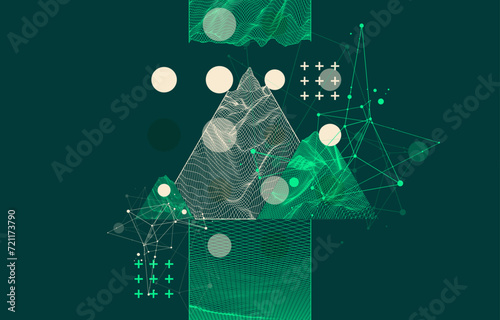 Scientific and technical image of the mountains. Abstract wireframe surface background inside a triangle. Hand drawn vector.