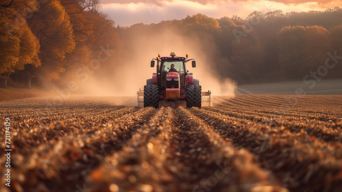 front view of a tractor that cultivates or sows a large field near the forest, smoke from dust from work and dry earth comes from it