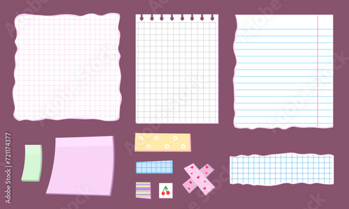 scraps of notebook sheets, ripped papers, torn page pieces, pieces of scotch tape. Vector Illustration for background. Image can be used for cards and posters, stickers. Isolated on white background.