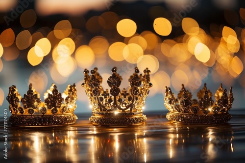 Three gold shiny crowns on festive background. Three Kings day or Epiphany day holiday celebration night background, Generative AI