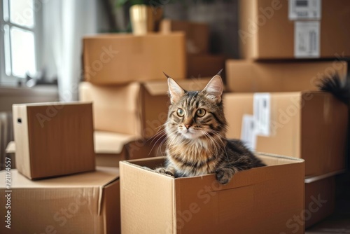 Moving to new home, donation concept. Stack of cardboard boxes and cat sitting in empty cardboard box inside the room, Generative AI