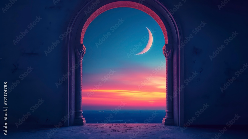 Fototapeta premium Mystical window with crescent moon in night sky. Generative AI