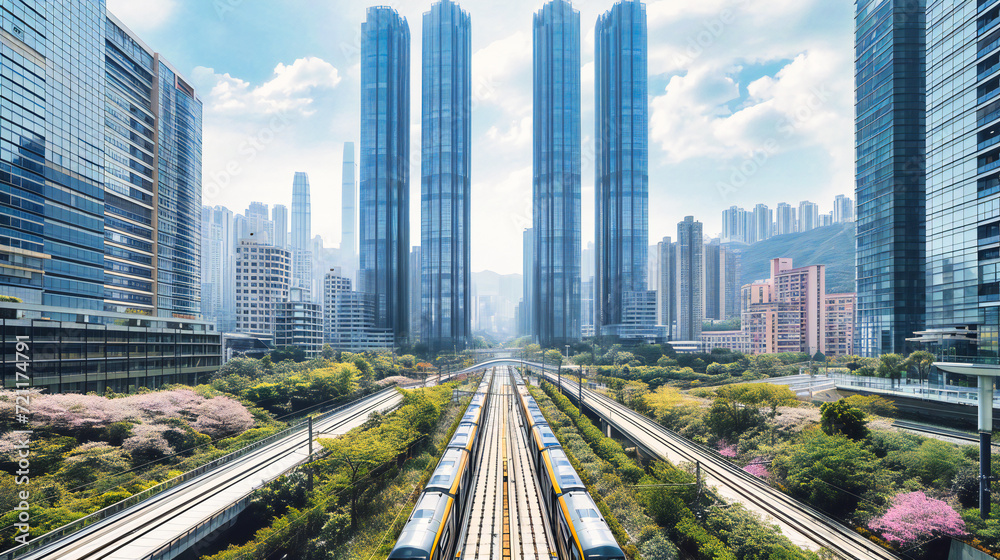 Fototapeta premium Urban Transportation and Modern Cityscape, Train and Railway in City, Public Transit and Travel