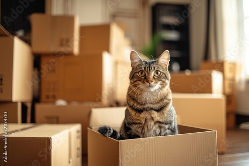 Moving to new home, donation concept. Stack of cardboard boxes and cat sitting in empty cardboard box inside the room, Generative AI © Morningmaze