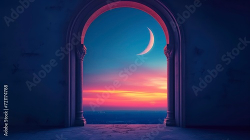 Mystical window with crescent moon in night sky. Generative AI
