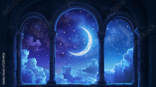 Mystical window with crescent moon in night sky. Generative AI photo