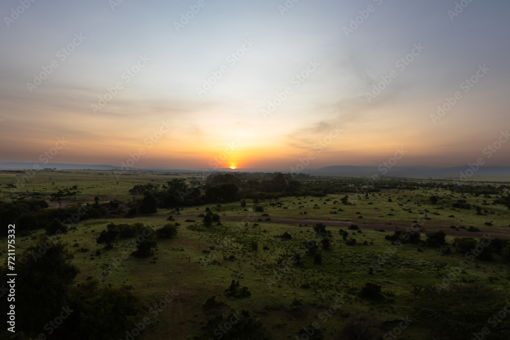 Panorama in africa at sunrise, viewed from a hot air balloon, Masai Mara National Reserve, Kenya.