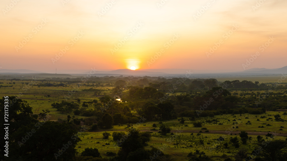 Obraz premium Panorama in africa at sunrise, viewed from a hot air balloon, Masai Mara National Reserve, Kenya.