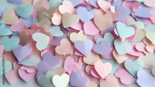 A dense collection of pastel paper hearts in shades of pink, blue, and purple.