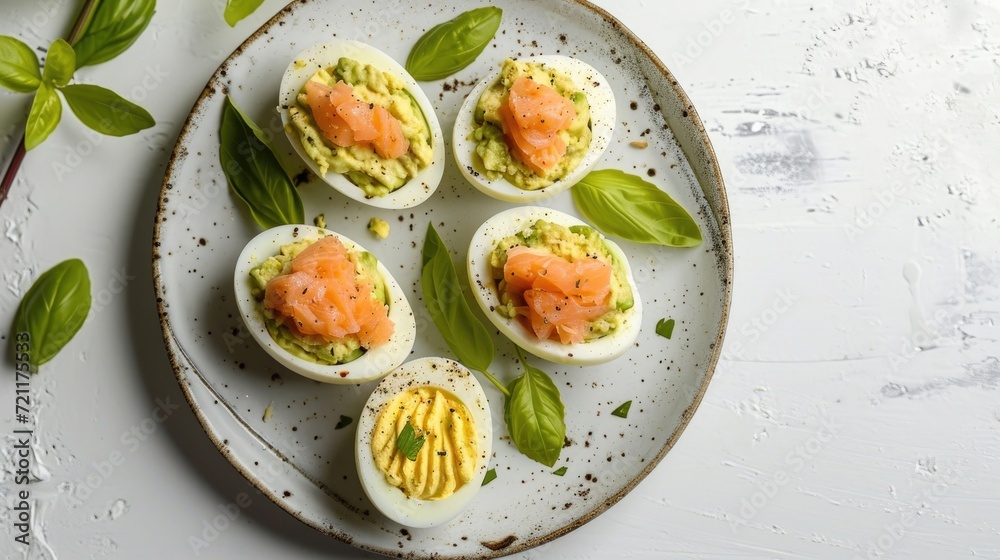 A plate of halved boiled eggs topped with smoked salmon and garnished with herbs on a marbled background.