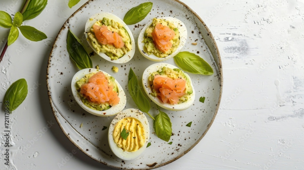 A plate of halved boiled eggs topped with smoked salmon and garnished with herbs on a marbled background. A plate of halved boiled eggs topped with smoked salmon and garnished with herbs on a marbled background.