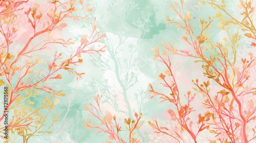 Watercolor painting of pink leaves and gold speckles on a teal background.