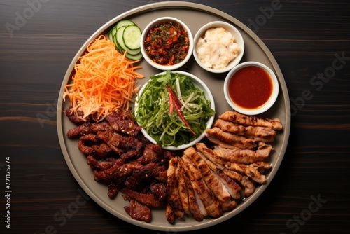 A plate of Korean BBQ with banchan.