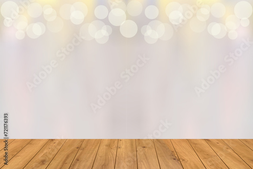 Wood table top perspective on bokeh abstract background. Wooden floor with shining light silver blurred space. Vector illustration. Design for product presentation, party, cinema, theatre, celebration