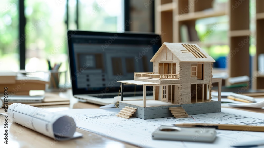 Architectural model on desk with laptop, drawing technical tools and blueprints Architectural model on desk with laptop, drawing technical tools and blueprints