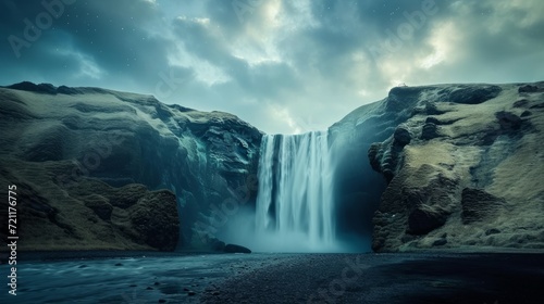 Breath-taking view of magnificent waterfall and rough cliff under beautiful cloudy sky