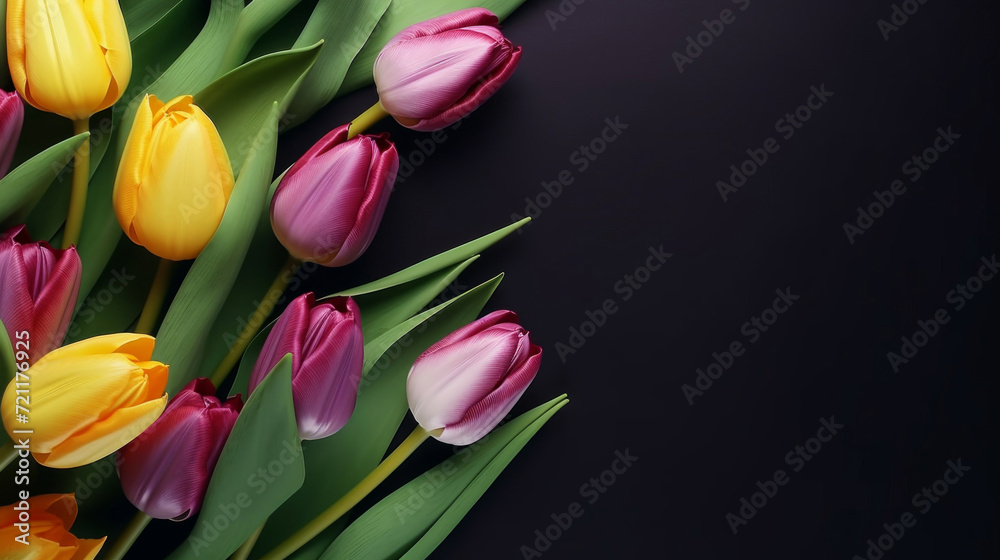 Elegant bouquet of pink, yellow, and purple tulips on a dark background, a symbol of spring freshness. Elegant bouquet of pink, yellow, and purple tulips on a dark background, a symbol of spring freshness.