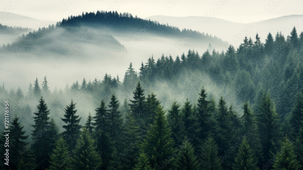 A tranquil morning scene with mist weaving through a dense forest of evergreen trees on rolling hills.