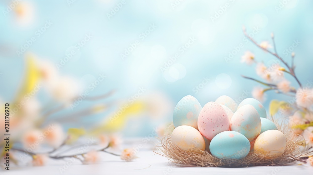 Pastel-colored Easter eggs nestled in a straw nest surrounded by blooming spring flowers.