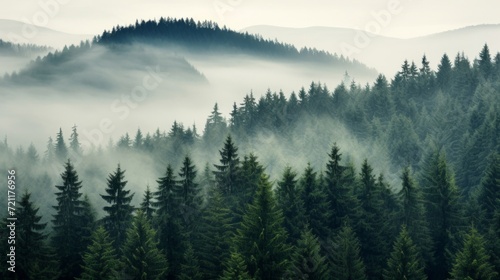 A tranquil morning scene with mist weaving through a dense forest of evergreen trees on rolling hills.