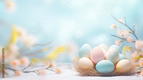 Pastel-colored Easter eggs nestled in a straw nest surrounded by blooming spring flowers.