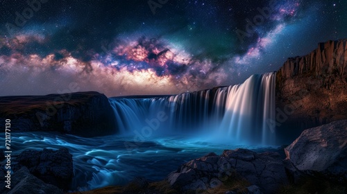 Colorful waterfall with milky way