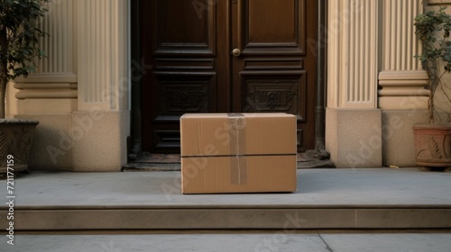 A lone cardboard box awaits pickup on a residential doorstep  symbolizing home delivery.