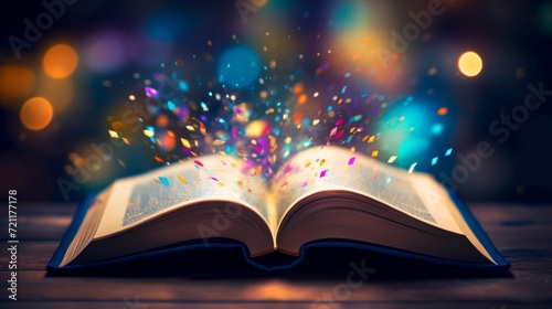Open book on wooden table with magical sparkling lights, invoking imagination.