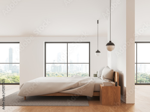 White minimalist home bedroom interior with bed and decor  panoramic window