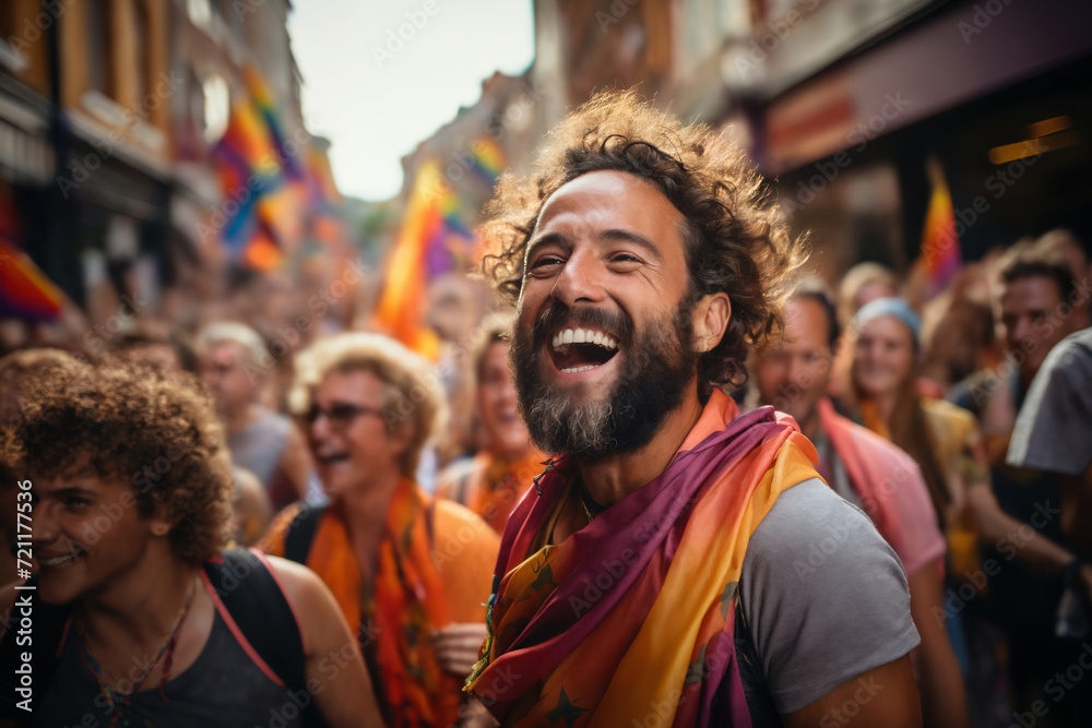 portrait of a man at a gay pride parade, happy and joyful emotions with friends, LGBT concept