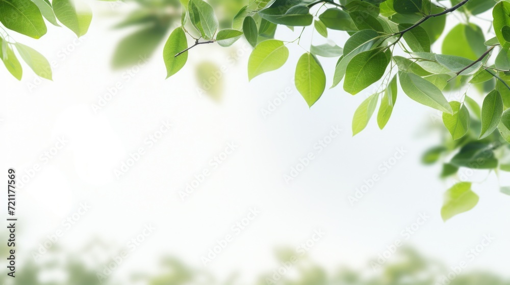 Lush green leaves in the foreground with a soft bokeh effect, creating a tranquil natural background.