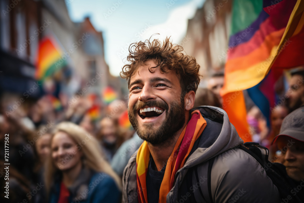 portrait of a man at a gay pride parade, happy and joyful emotions with friends, LGBT concept