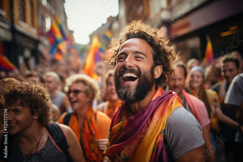 portrait of a man at a gay pride parade, happy and joyful emotions with friends, LGBT concept
