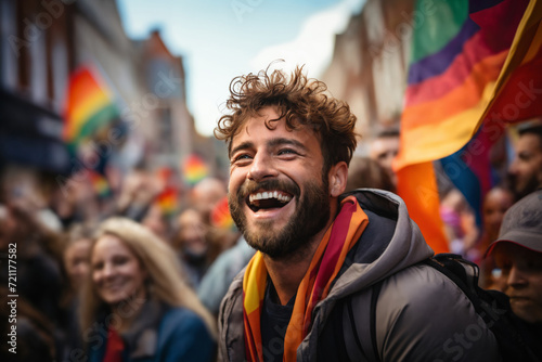 portrait of a man at a gay pride parade, happy and joyful emotions with friends, LGBT concept © soleg