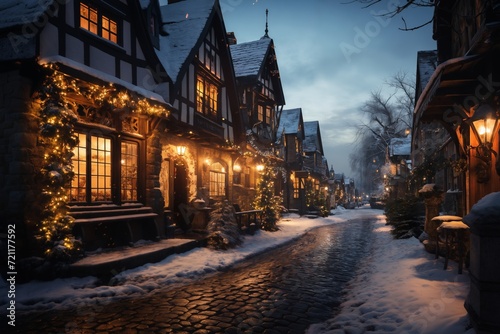 beautiful view of village street in winter  exteriors of houses decorated for Christmas or New Year holiday  snow  street lights  festive environment