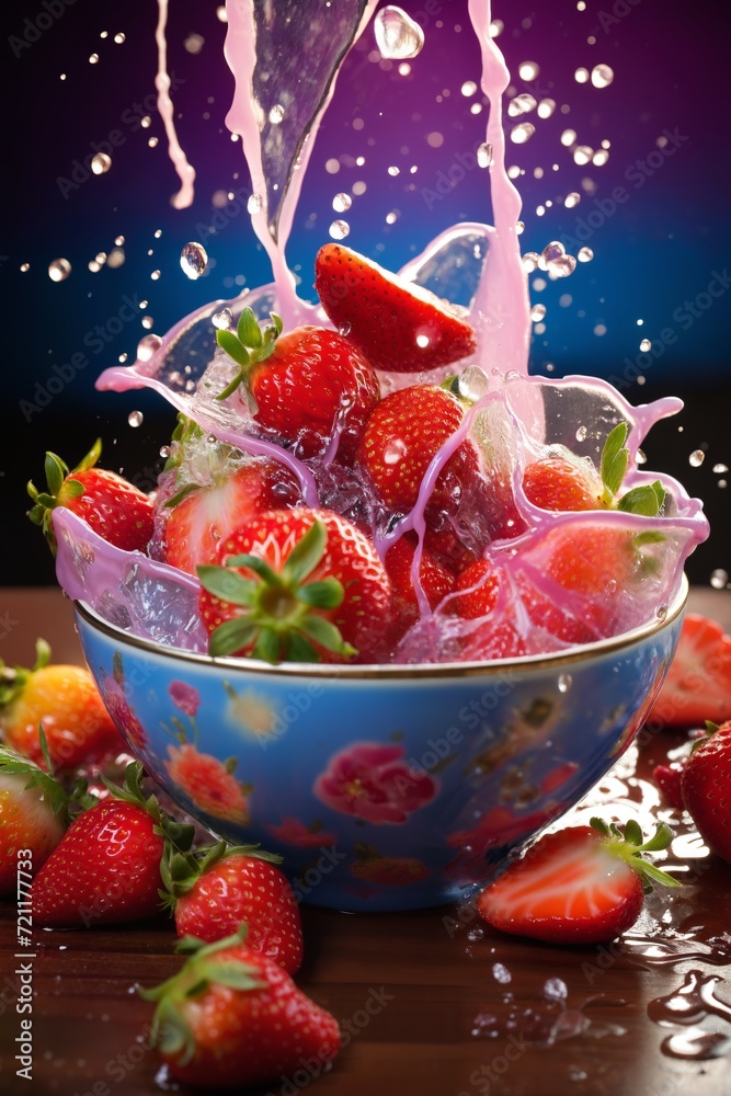 strawberries with creamy splashes, fresh and healthy food