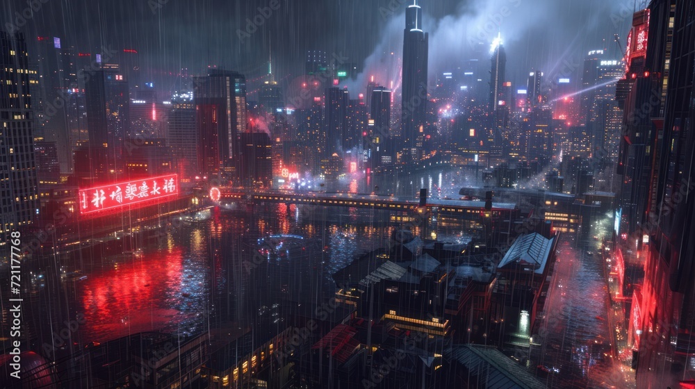 Dark moody dystopian future cyberpunk city urban landscape at night after rain