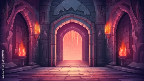 cartoon mystical castle corridor illuminated by glowing torches leading to a bright, enigmatic archway © chesleatsz