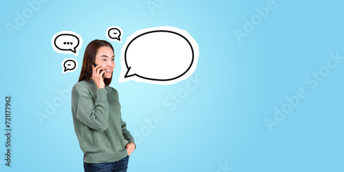 Happy woman on phone and speech bubble
