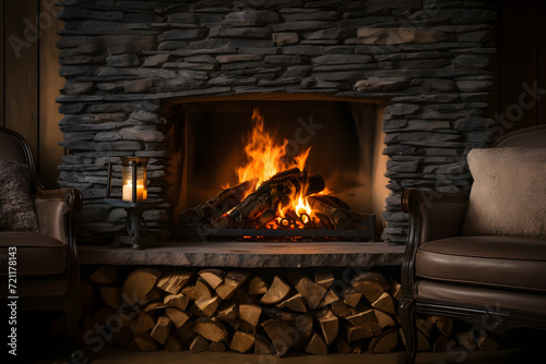 Cozy fireplace with crackling firewood