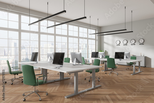 Stylish office interior with pc monitors  world clock and panoramic window