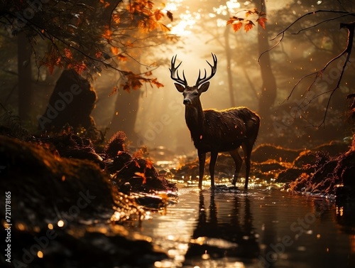 Deer at sunrise in the forest © Generative Ai
