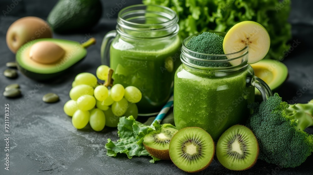 Glass jar mugs with green health smoothie, kale leaves, lime, apple, kiwi, grapes, banana, avocado, lettuce Glass jar mugs with green health smoothie, kale leaves, lime, apple, kiwi, grapes, banana, avocado, lettuce