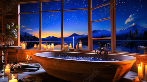 Scenic Landscape with Lake  Night Sky and Stars  Beautiful Mountains and Milky Galaxy  Travel View