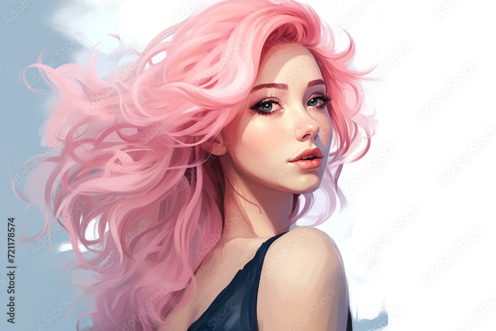 Dreamy Woman with Flowing Pink Hair and Blue Eyes