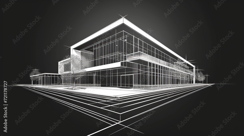 Linear architectural sketch office building perspective on black backgrounds Linear architectural sketch office building perspective on black backgrounds