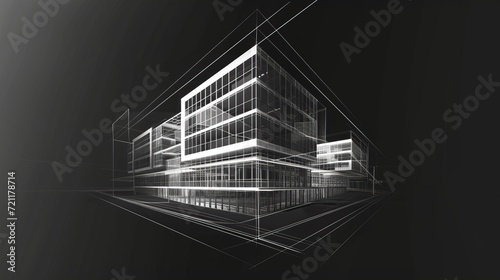 Linear architectural sketch office building perspective on black backgrounds