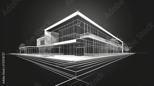 Linear architectural sketch office building perspective on black backgrounds