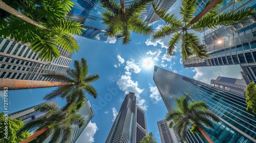 dynamic low angle fisheye shot capturing the towering skyscrapers of Singapore's Garden City © Chingiz